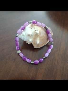 Purple And Silver Beaded Stretch Bracelet - Handmade